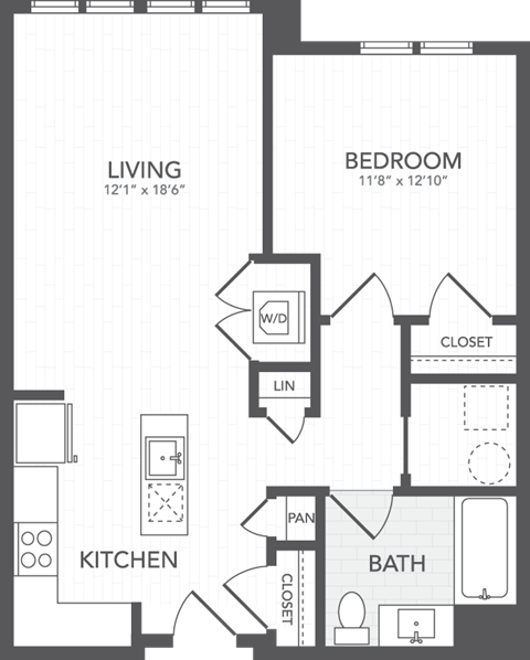 Floor plan for 1 bed, 1 bath, 774 sqft